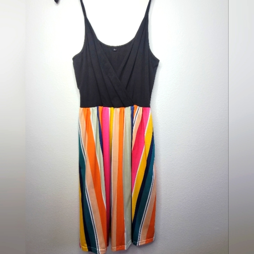 Color Block Spaghetti Strap Dress Large Rainbow & Black NWOT L Lightweight
